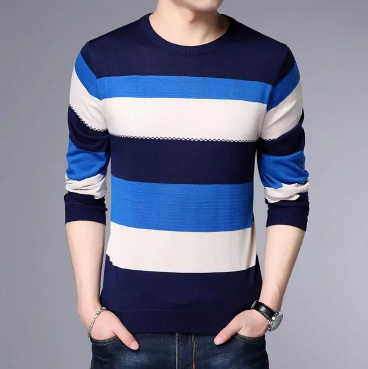 Мужской пуловер, брендовая одежда, весна, осень, зима, трикотажная одежда, облегающий свитер, мужской повседневный Полосатый пуловер - Цвет: J02