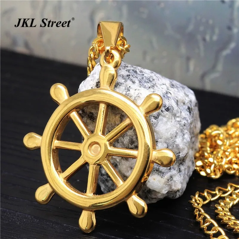 Men's Brand New Stainless Steel Gold Tiny Boat Wheel Rudder Anchor