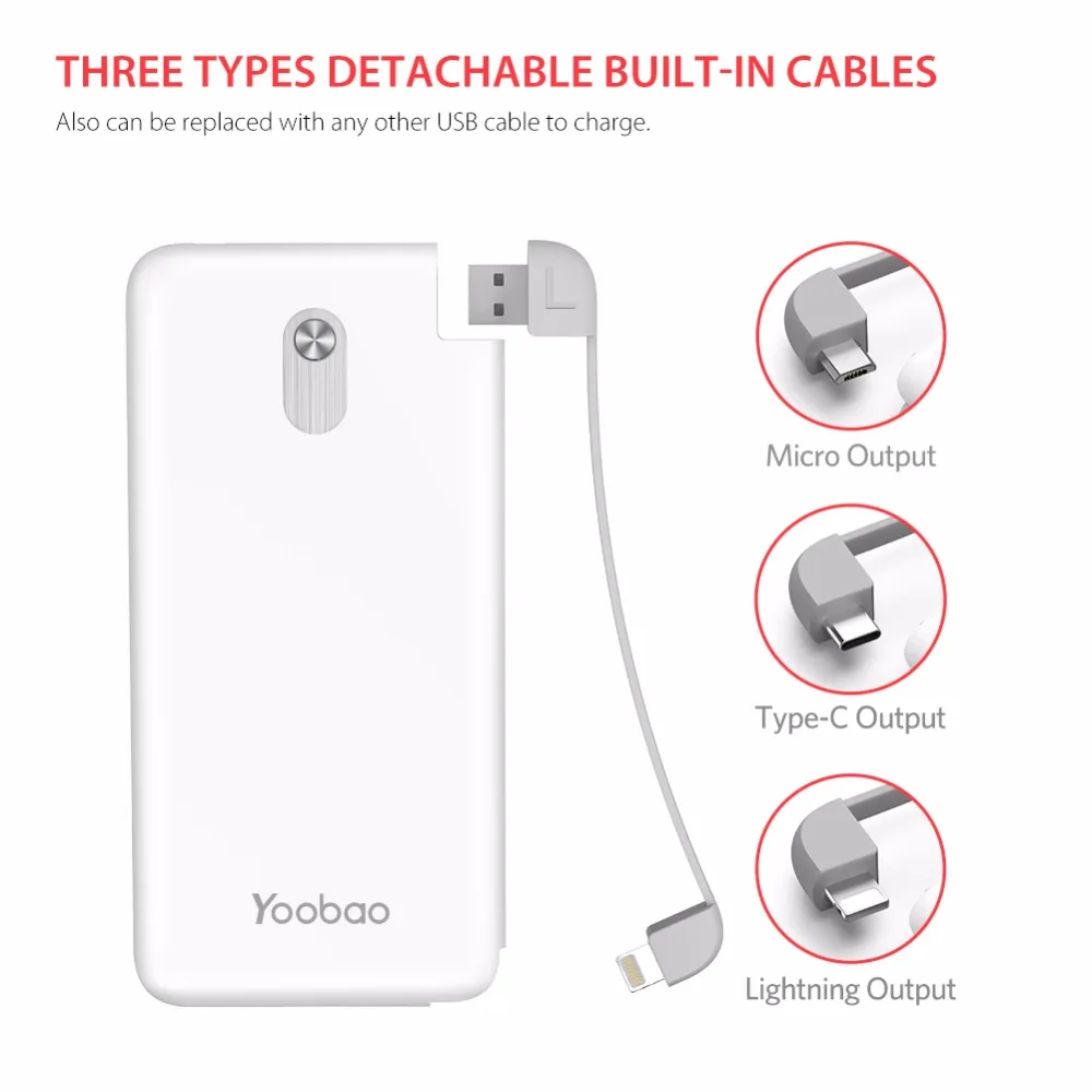 Yoobao S10K 1000mAh внешний аккумулятор со встроенным сьёмным кабелем повербанк с