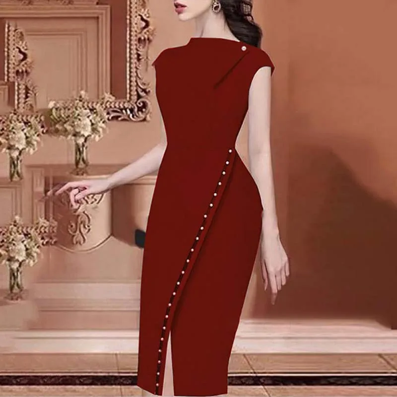 

2019 Women Elegant Casual Office Look Workwear Slit Prom Party Dress Solid Button Beading Embellished Slit Irregular Midi Dress