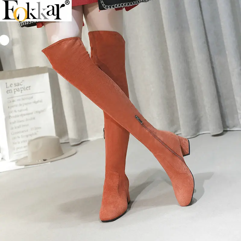 

Eokkar 2020 Concise All Match Black Women Winter Over The Knee High Boots Flock Thick Heel Round Toe Thigh High Boots Size 34-43