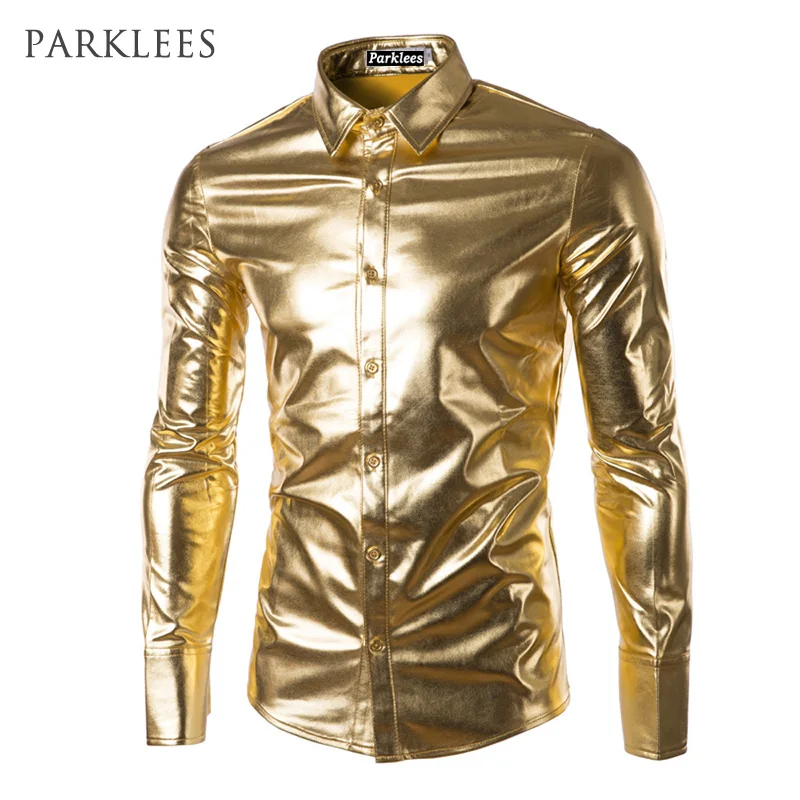 

Night Club Wear Men's Elastic Shirts Slim Fit Fashion Stylish Shiny Shirt Mens Shirts Long Sleeve Gold Chemise Homme Clothing