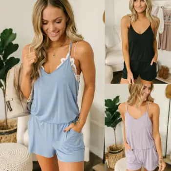 

Women Sexy Solid Color Lingerie Nightwear Sleeveless V-Neck Pockets Underwear Jumpsuit Babydoll Sleepwear Plus Size S-XL