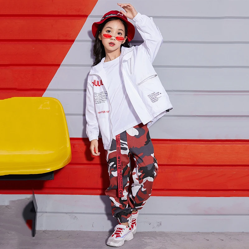 

Hip Hop Costumes Girls White Jacket Red Camouflage Pants Boys Jazz Street Dancing Clothes Stage Outfits Kids Show Wear DN2609