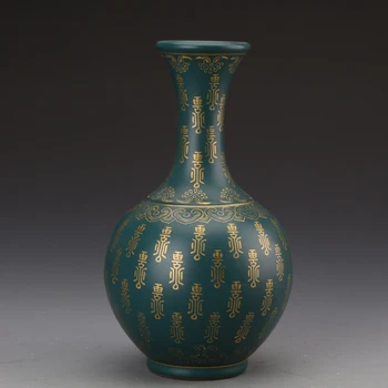 

Free shipping Yong Zheng green glaze gold color pattern retro antique porcelain vase Hyakuhisa classical living room decoration