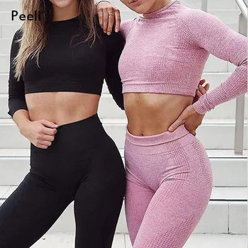 Peeli Long Sleeve Gym Crop Top Sports Yoga Top Women Seamless T Shirts Fitness Crop