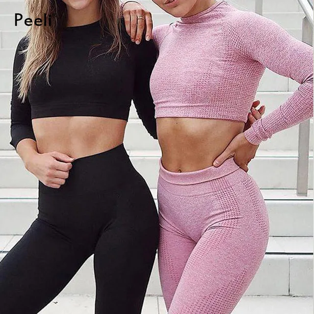 Peeli Long Sleeve Gym Crop Top Sports Yoga Top Women Seamless T Shirts Fitness Crop Top