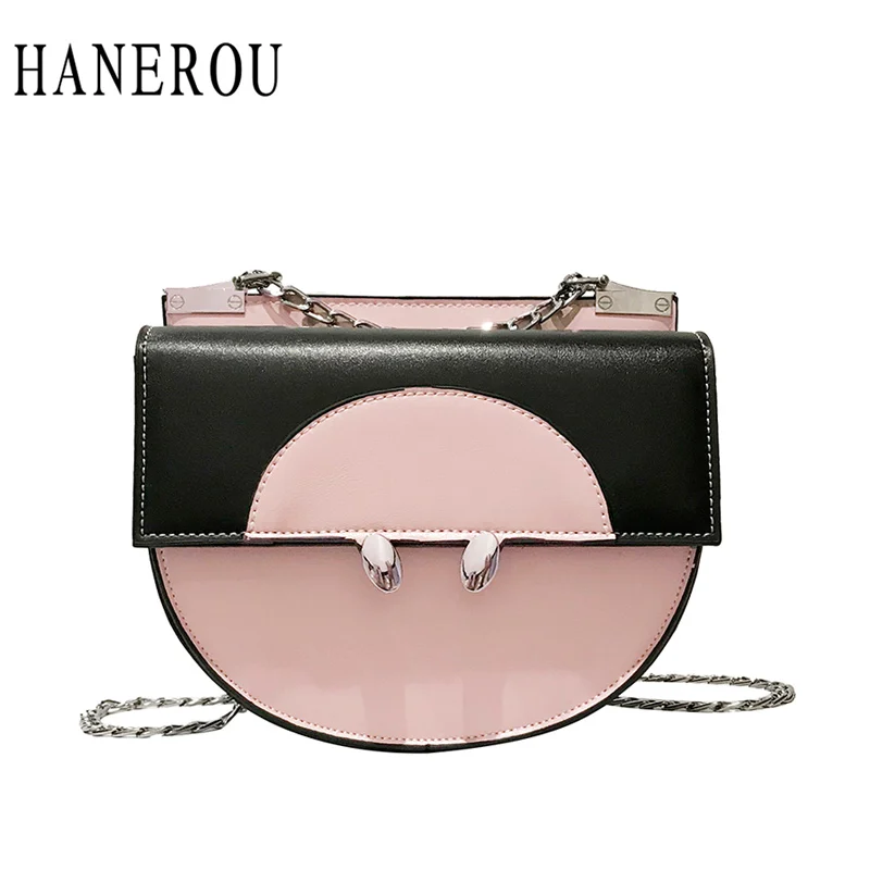 

HANEROU Spring And Summer Contrast Color Bag For Girls Shoulder Bag Women Pink Black Semicircular Saddle Bags Cute Crossbody Bag