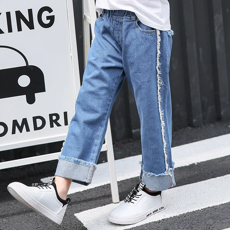 Осень Обувь для девочек джинсовые штаны с эластичной резинкой на талии свободные