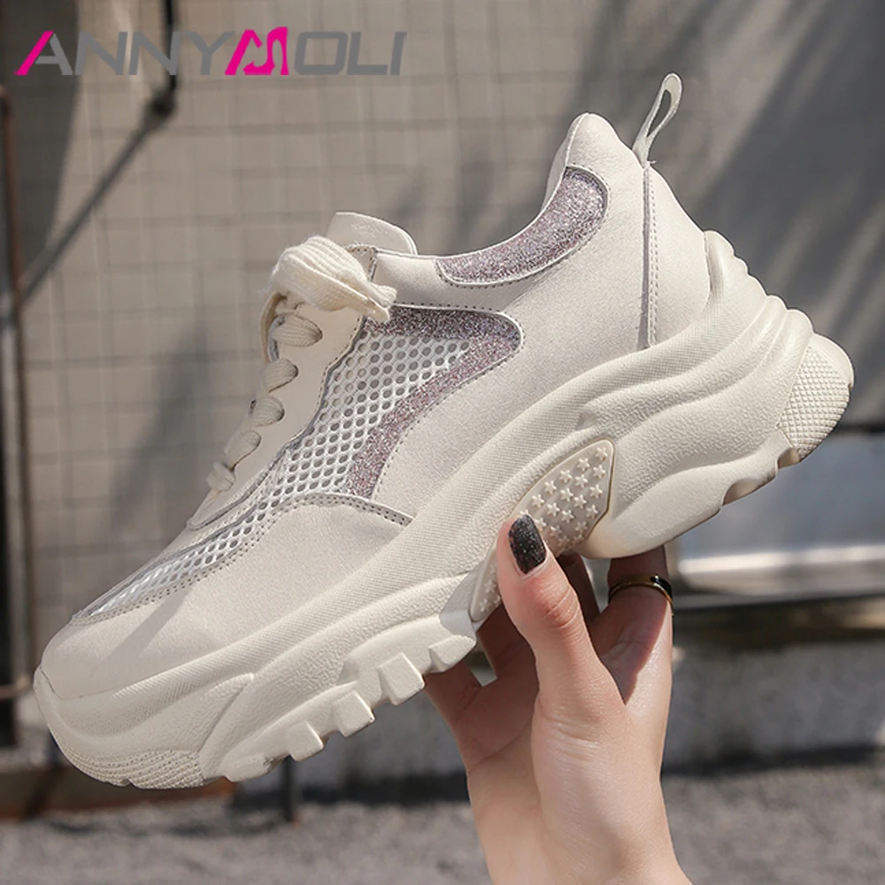 

ANNYMOLI Genuine Leather Shoes Women Flat Platform Summer Flats Cut Out Round Toe Lace Up Female Comfortable Casual Shoes Beige