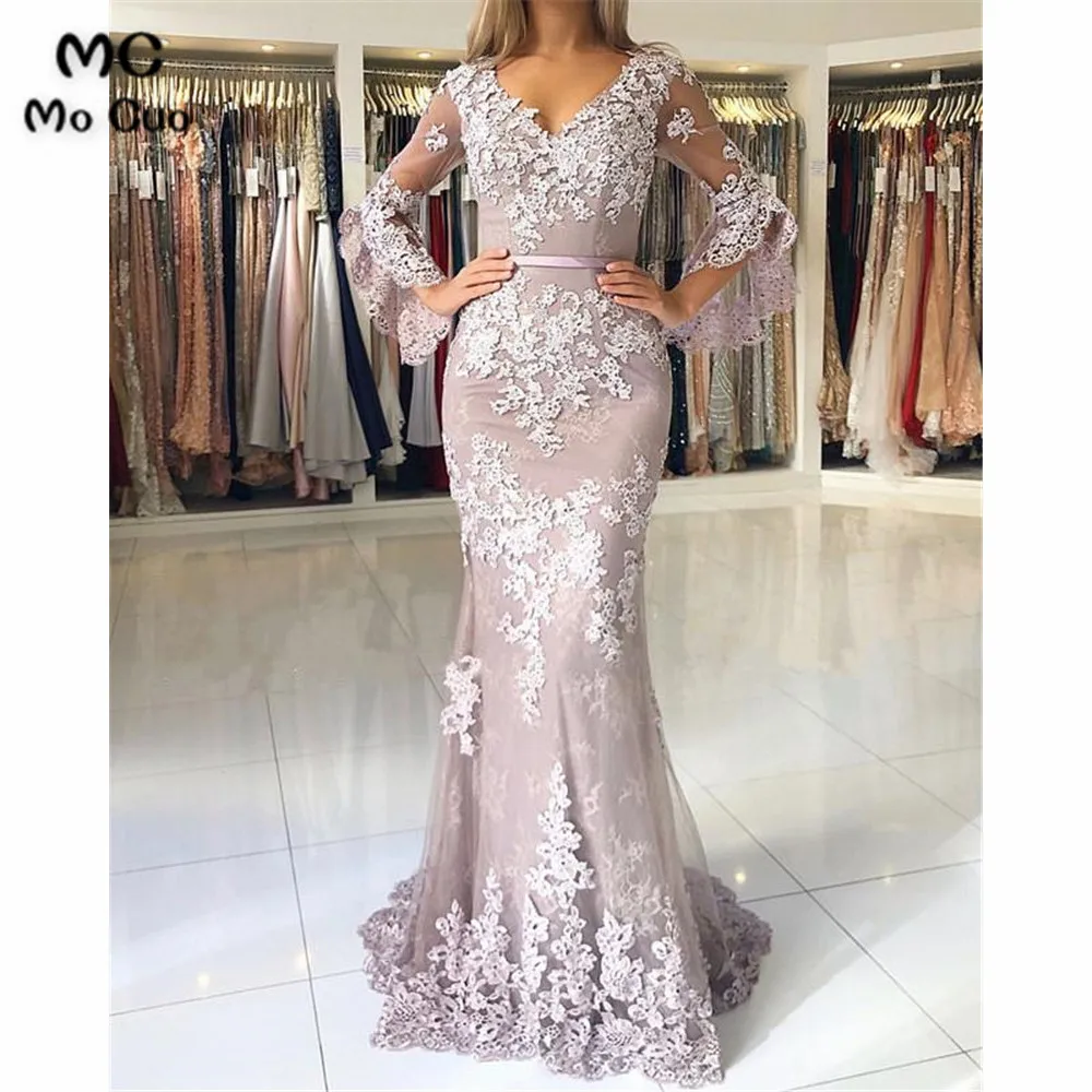 Elegant V-neck Lace Mermaid Prom Dresses Puffy Sleeves (2)