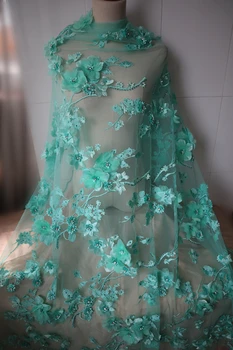 

light green 3D beaded lace fabric, light blu3D rose flower embroidered lace fabric for costumes accessories, bridal lace fabric