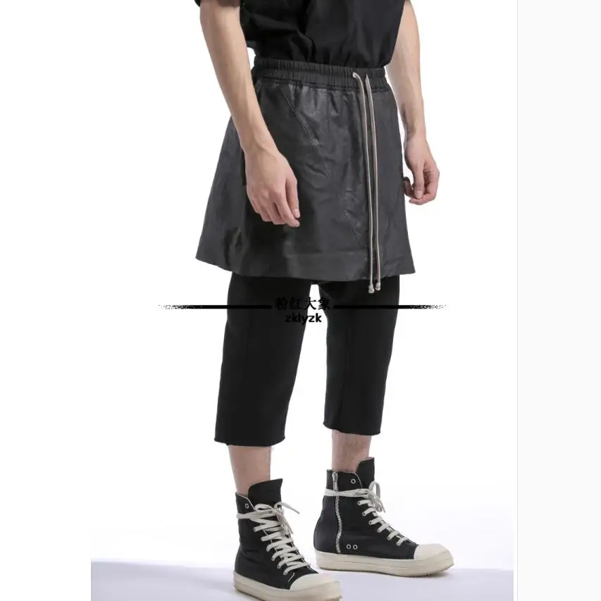 

28-46 New Splice Leather Skirt Casual Harem Pants Tide Men Original Cropped Pants Hairstylist Personality Elastic Waist Trousers