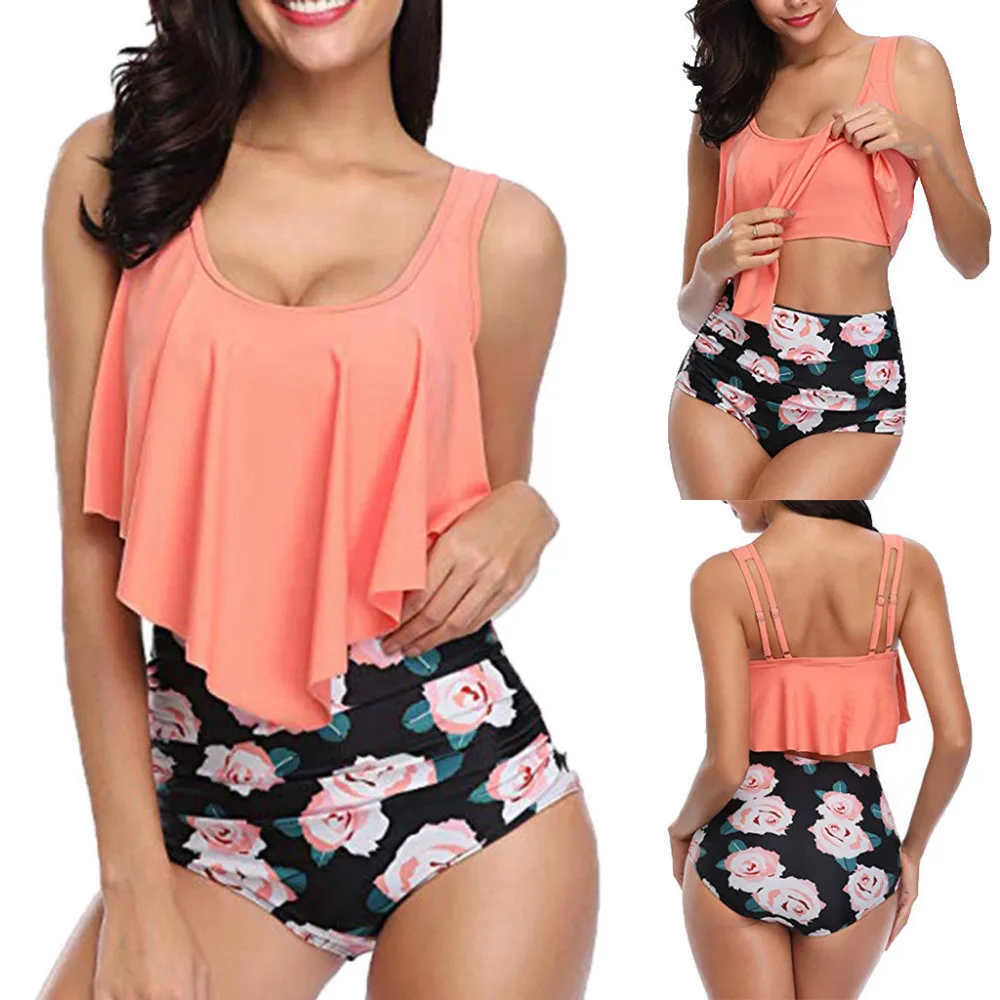 

women's swimming suit Swimsuit Female High Waist Two Piece Plus Size Sexy Backless Halter Floral Printed Swimwear Set