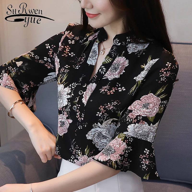 Милая шифоновая блуза с вышивкой в цветочек, рубашка, модные женские блузки, длинный рукав, однотонный Розовый Белый Топ, женская блуза 0967 40