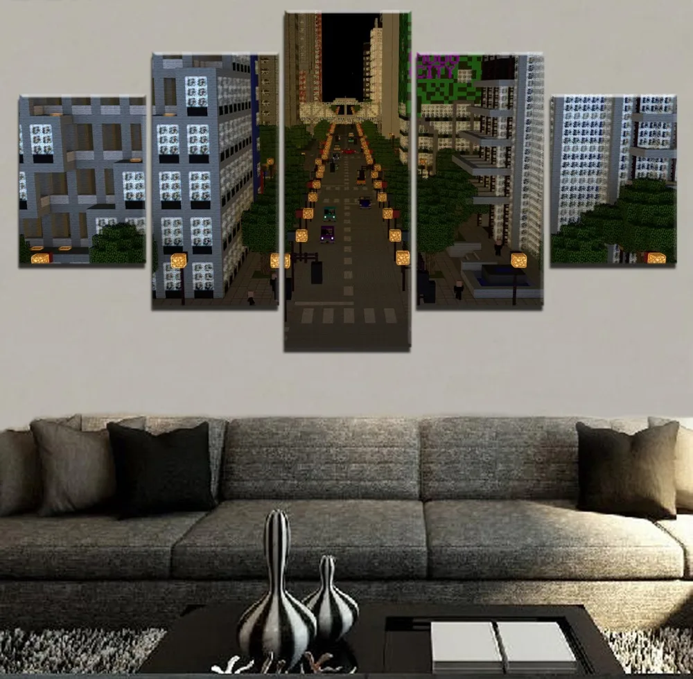 

Wall Art Canvas Print Poster Modular Framework Home Decor 5 Piece Building City Minecraft Moog City Street Painting Game Picture