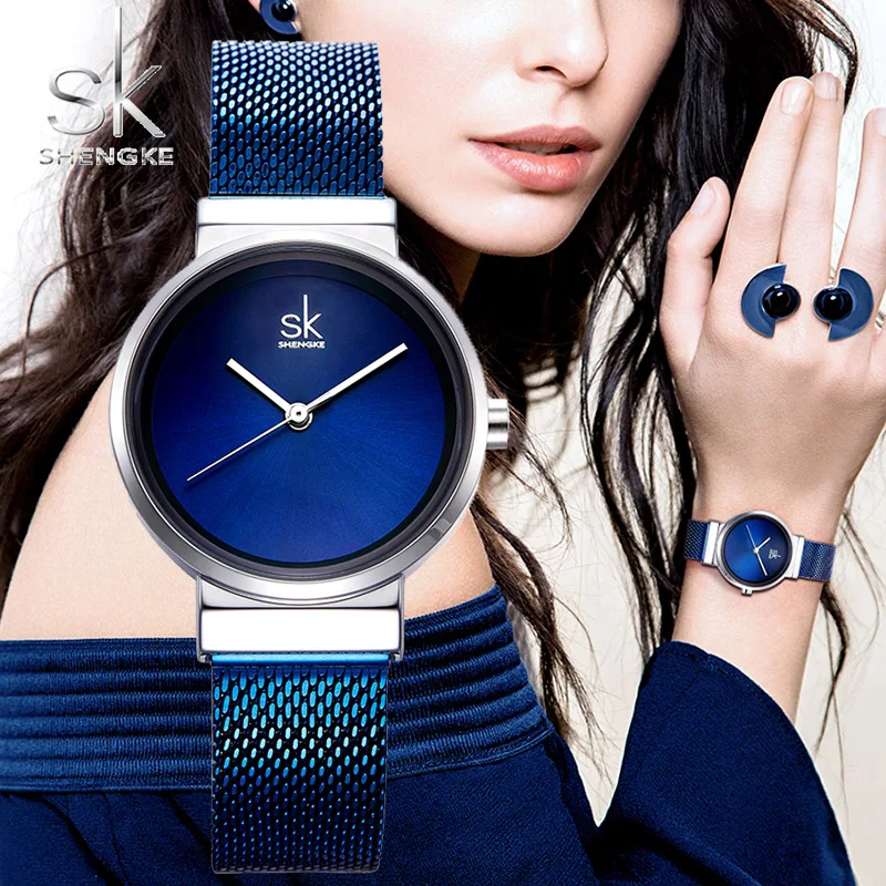

SHENGKE Women Watch Fashion Casual Watch 30M Waterproof Luxury Brand Quartz Female Watches Ladies Blue Dress Wristwatch K0083
