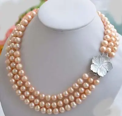 

Hot selling free shipping********3 ROW New Design 9-10mm Natural South Sea pink Pearl Necklace