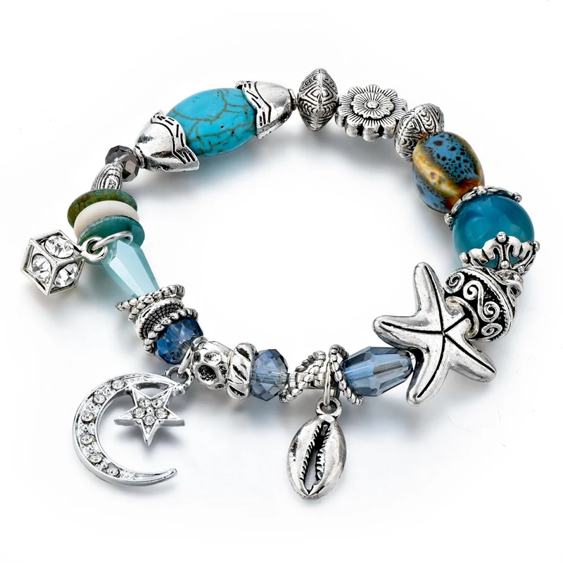 Attrtto очаровательные серебряные браслеты с Луной и звездами и ракушками для женщин, ювелирные изделия с кристаллами, браслет с морской звездой, Pulseira Feminina SBR180082