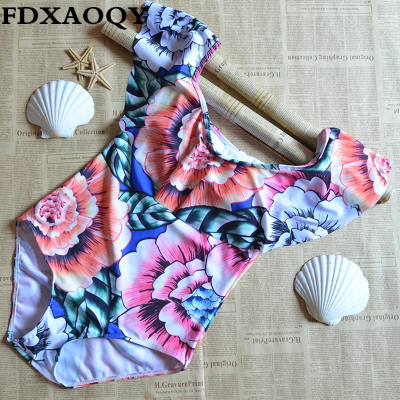 

FDXAOQY 2017 New Women Swimwear Off Shoulder One pieces Swimsuit flowers sexy Strapless beach Swimming suit bandeau bikinis