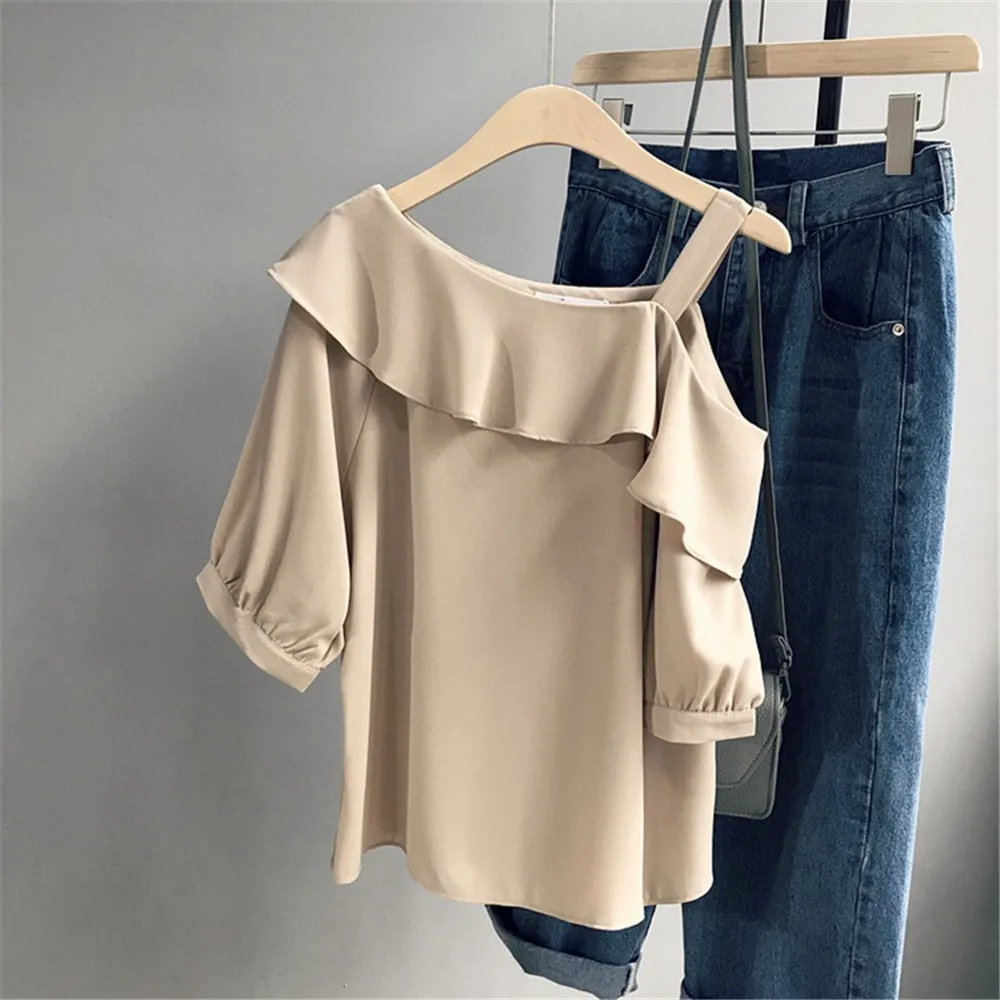 Chiffon Office Work One Shoulder Shirt Blouse Lady Ruffles Blouse Women Summer Shirts Casual Blusas Mujer Blouses Volantes (4)