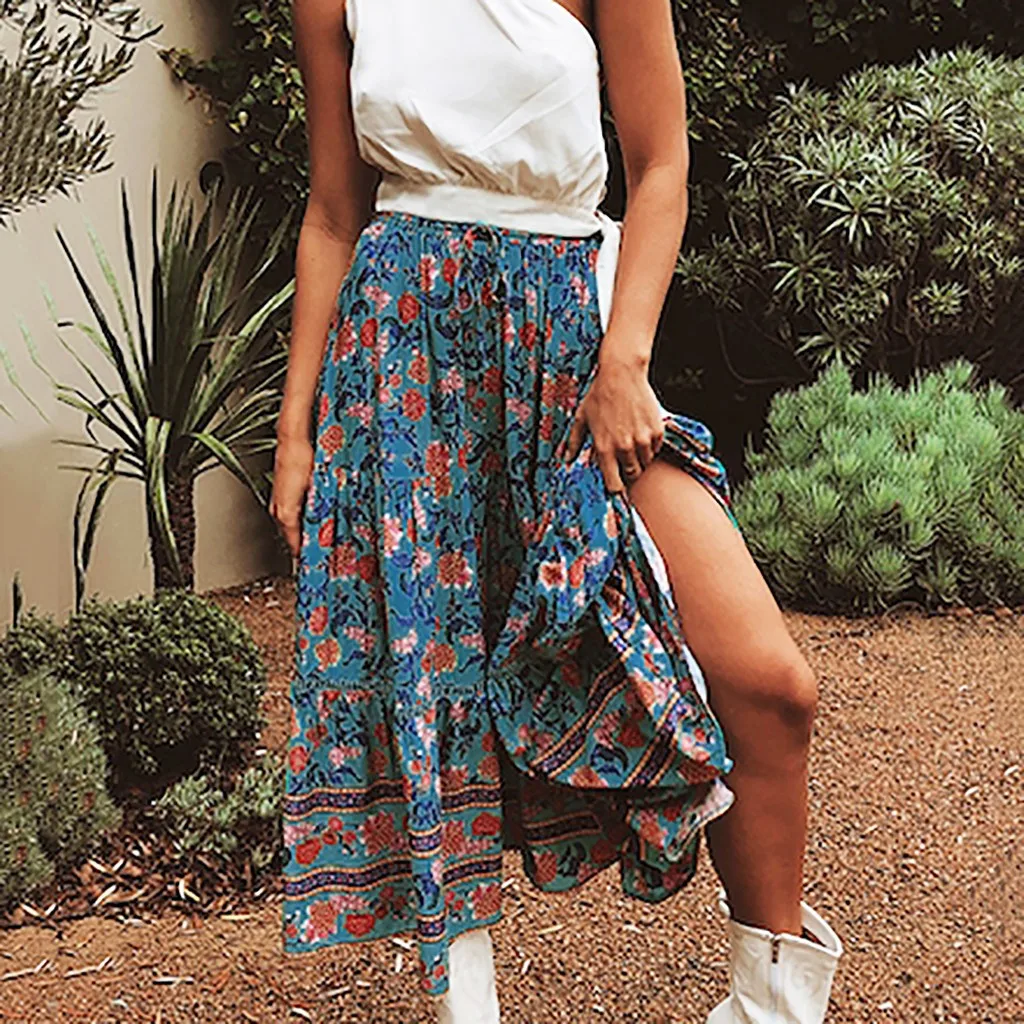 

Women Skirts 2019 Bohemian Elegant High Waist Bohemian Half-length Floral Print Summer Chiffon Skirts Casual Retro long skirt