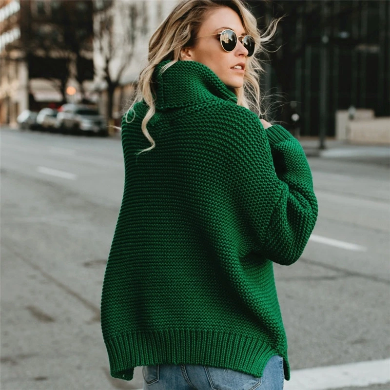 turtleneck winter knitted sweater Women lantern sleeve loose green pullover female Oversize Soft warm autumn casual gray jumper Sweaters