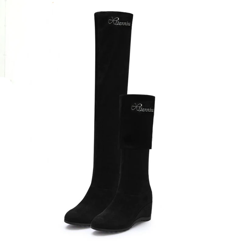 

Black Elastic Flock Slim Fit Over The Knee Boots Women 2019 Autumn Winter crystal ladies high heel wedges Long Thigh High botas