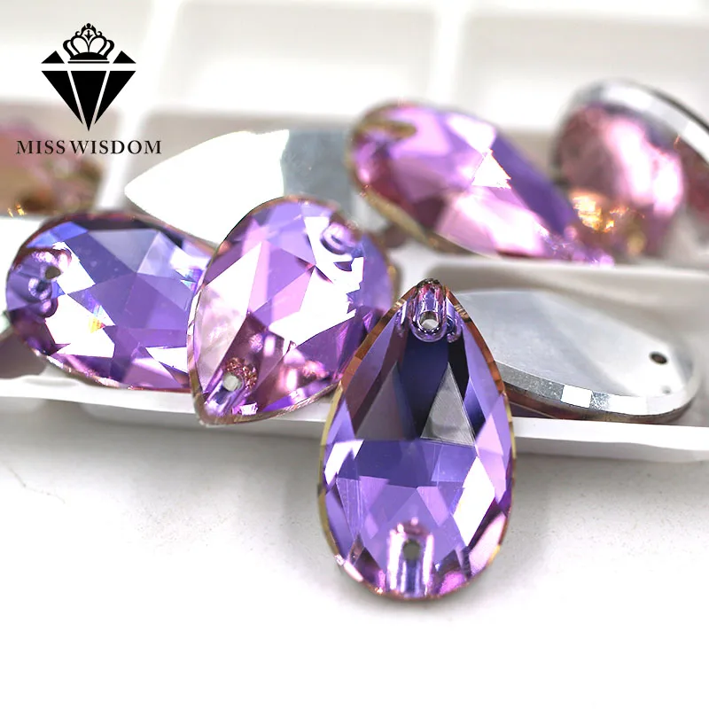 

High quality flatback glass double hole crystal sew on rhinestones Teardrop Bright purple Flat buckle diy clothing accessories