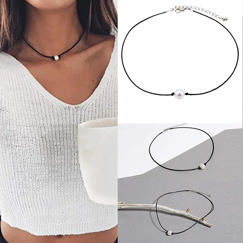 

Free Shipping Chic Single Cultured Pearl Necklace Imitation Pearls Choker Necklace Black Leather Cord Jewelry accessories