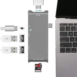 BASIX 6 в 1 Тип c концентратор HDMI 4 к адаптер + 2 USB 3,0 порта + SD TF карта ридер + Тип C зарядный концентратор для MacBook Pro USB C концентратор
