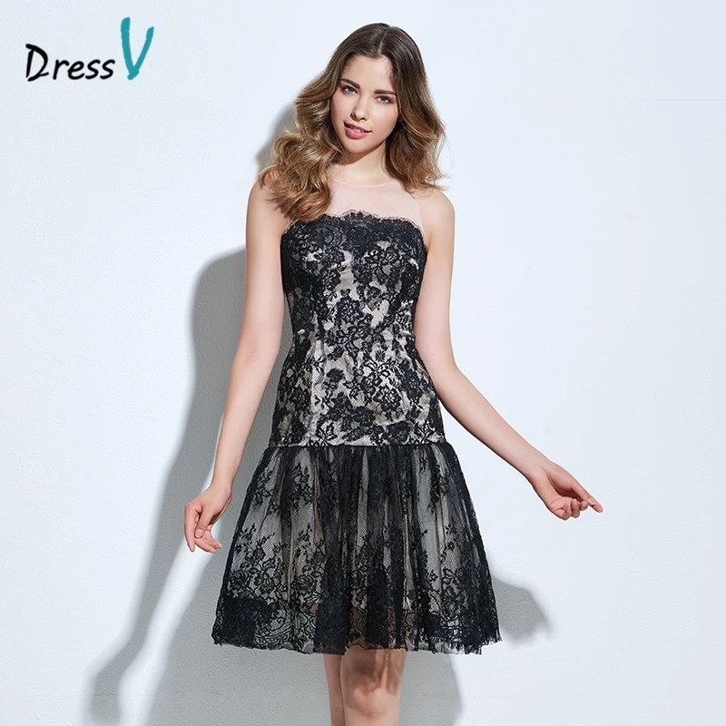 Dressv black knee length lace cocktail dress scoop neck A line button