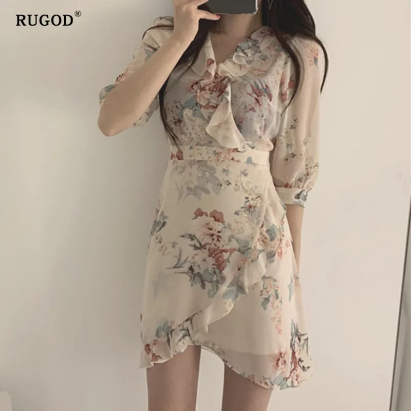 RUGOD Новое Платье женское с необычным цветочным принтом Летнее мини-платье с оборками v-образным вырезом талии тонкое корейское платье - Цвет: Бежевый