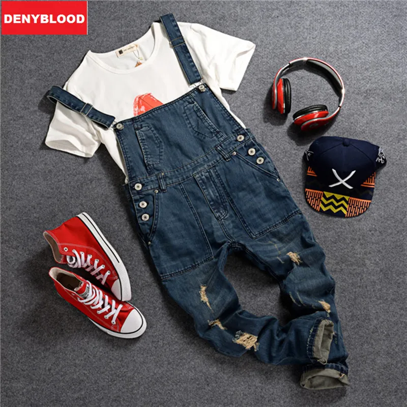 Mens Slim Straight Pants Denim Overalls Male Darked Wash Jeans Pencil Pants Distressed Jeans Ripped Casual