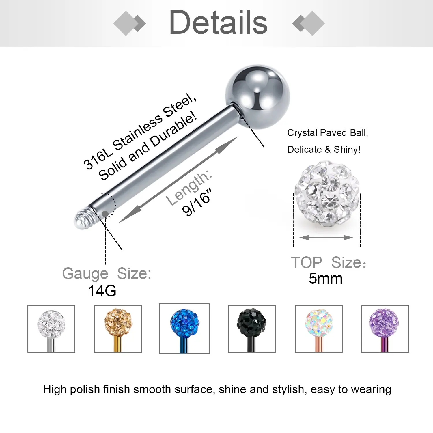 Кольца JFORYOU для языка 14G 316L из хирургической стали Чешский Rhinstone с выложенным