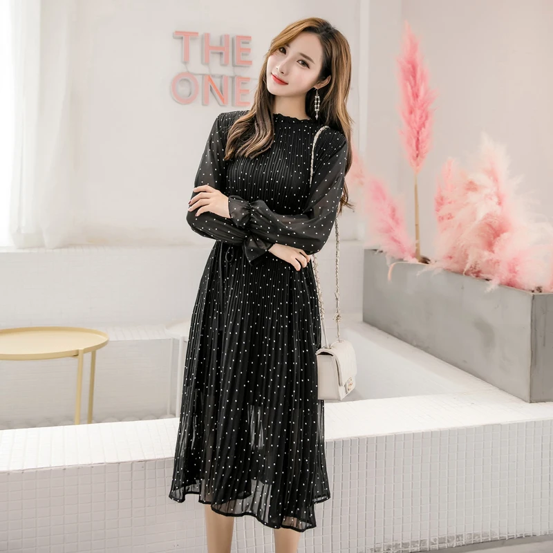 

Elegant O-neck Pleated Chiffon Dress Spring Polka Dot Elastic Slim Waist Female Midi Dress 2019 Chic Vestidos High Quality
