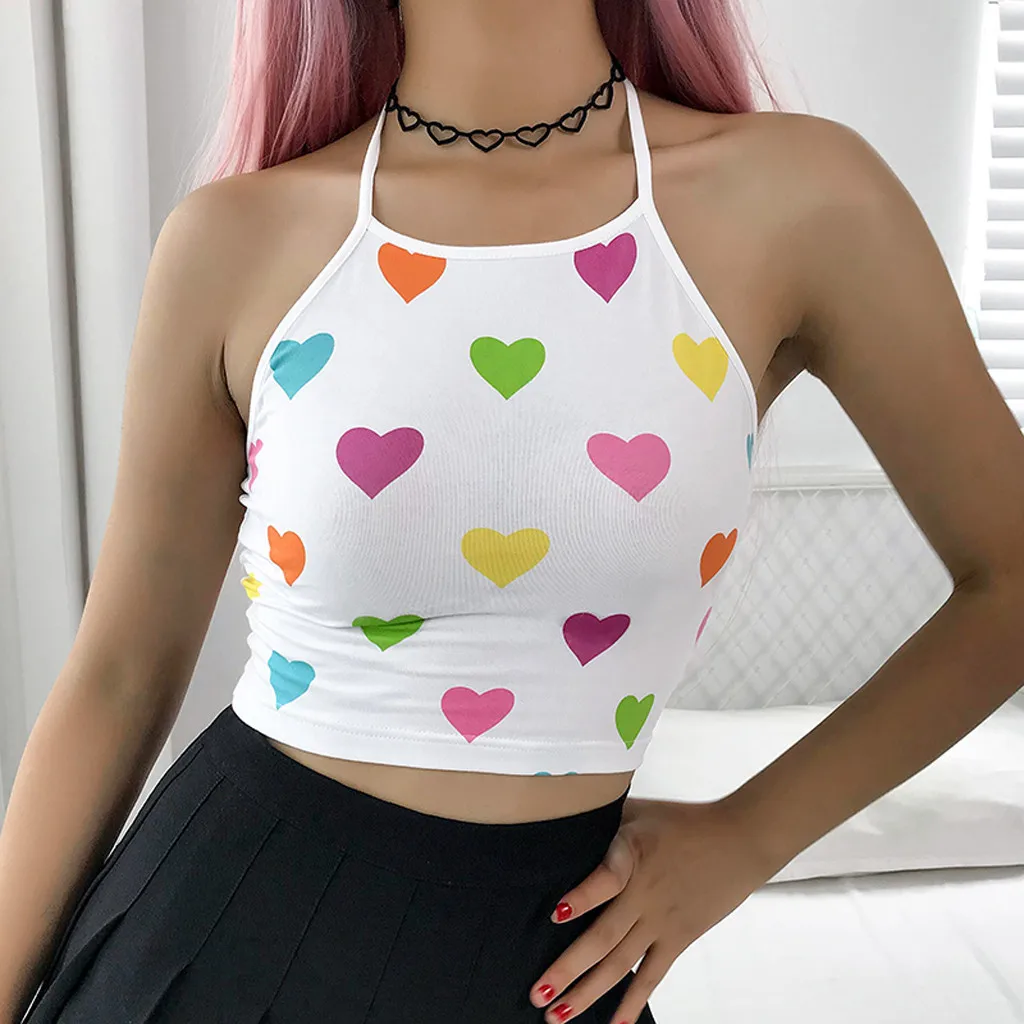 

Korean version Women Summer Crop Tops Holiday Sexy Halter Sleeveless Heart Print Backless Crop Camis Tube Tops cropped feminino