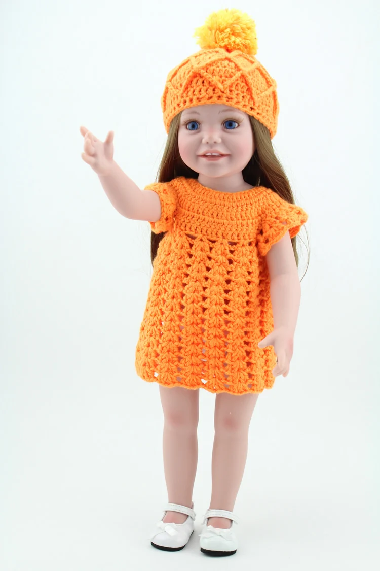 

18'' 45cm Vinyl Toddler Girl Dolls Toys Cute Childs Play Doll With Orange Crochet Dress Outfits Brown Hair