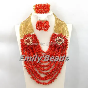 

2015 Hot Orange African Costume Jewelry Set Gold Nigerian Wedding African Coral Mix Crystal Beads Sets Free Shipping AEJ371