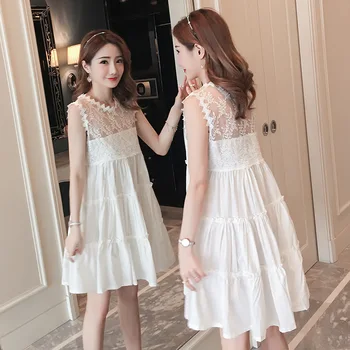 

Maternity Dresses Summer Vestido New Sleeveless Lace Round Neck Pregnant Dress Fashion Cotton Fresh Embroidered Maternity Skirt