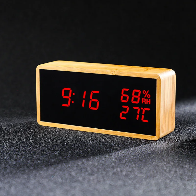  Digital Alarm Clock LED Desk Clock Temperature and Humidity Alarm Watch Bamboo Sound Control Quartz