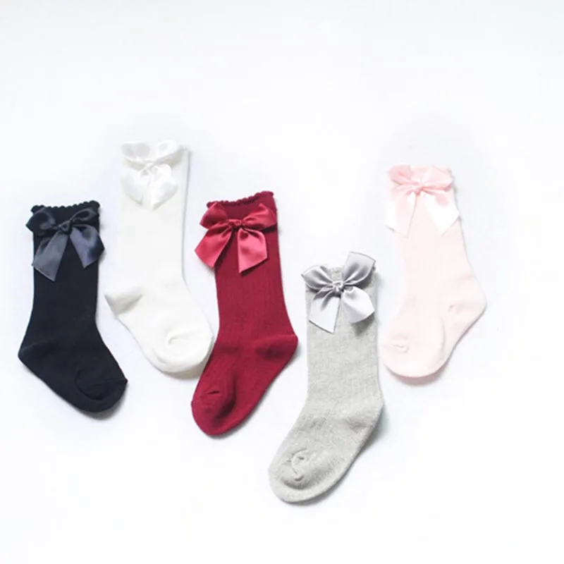 Baby Girls Winter Solid Warm Knee High Socks With Bows Princess Cute