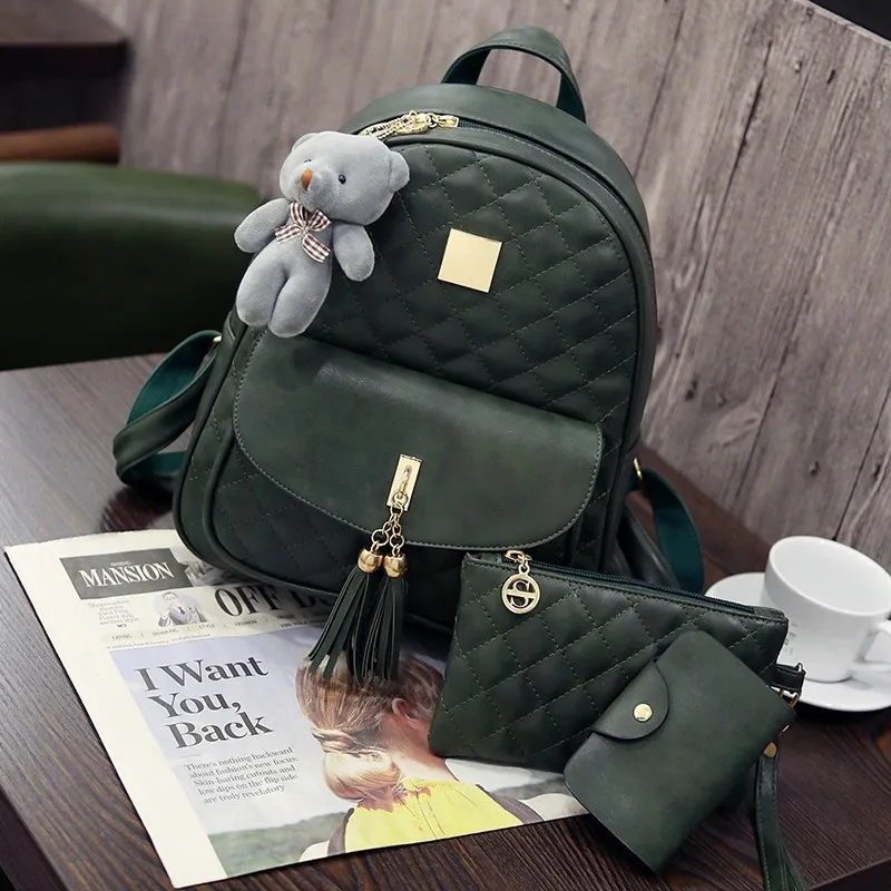New Arrival 3pcsset Small Bear Pendant Girls Schoolbag PU Tassel Women Backpack Double Zipper Women Bag Vintage Backpack Bag (25)
