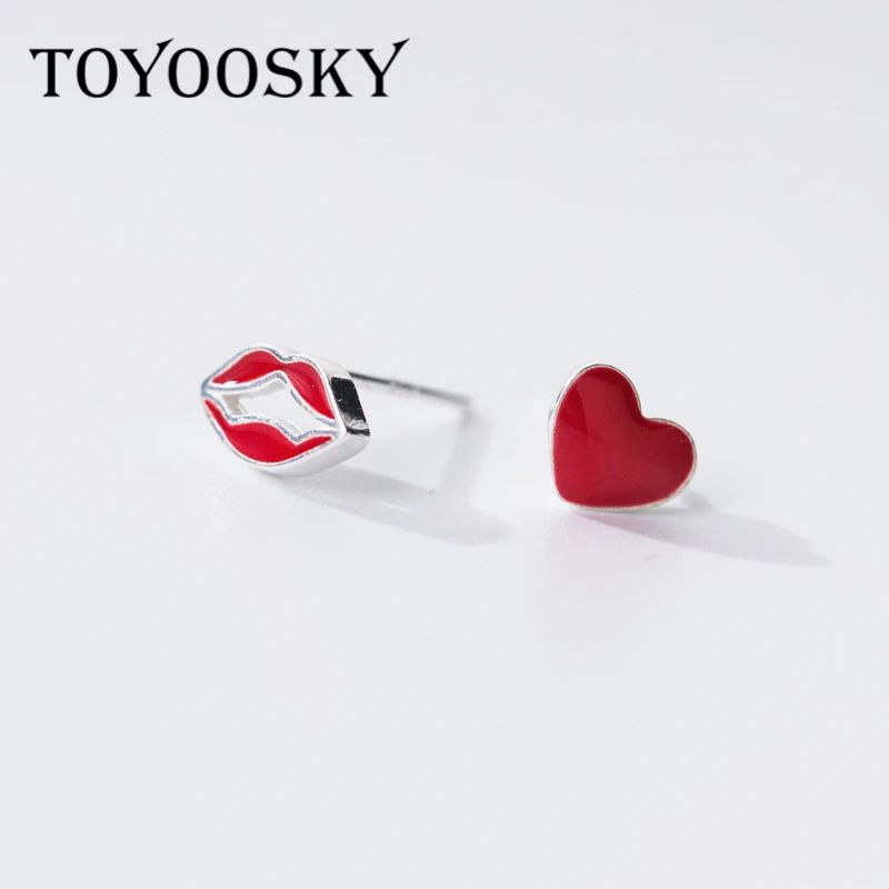 

Design 925 Sterling Silver Needle Sexy Red Lips Heart Stud Earrings for Women Ladies Asymmetric Jewelry