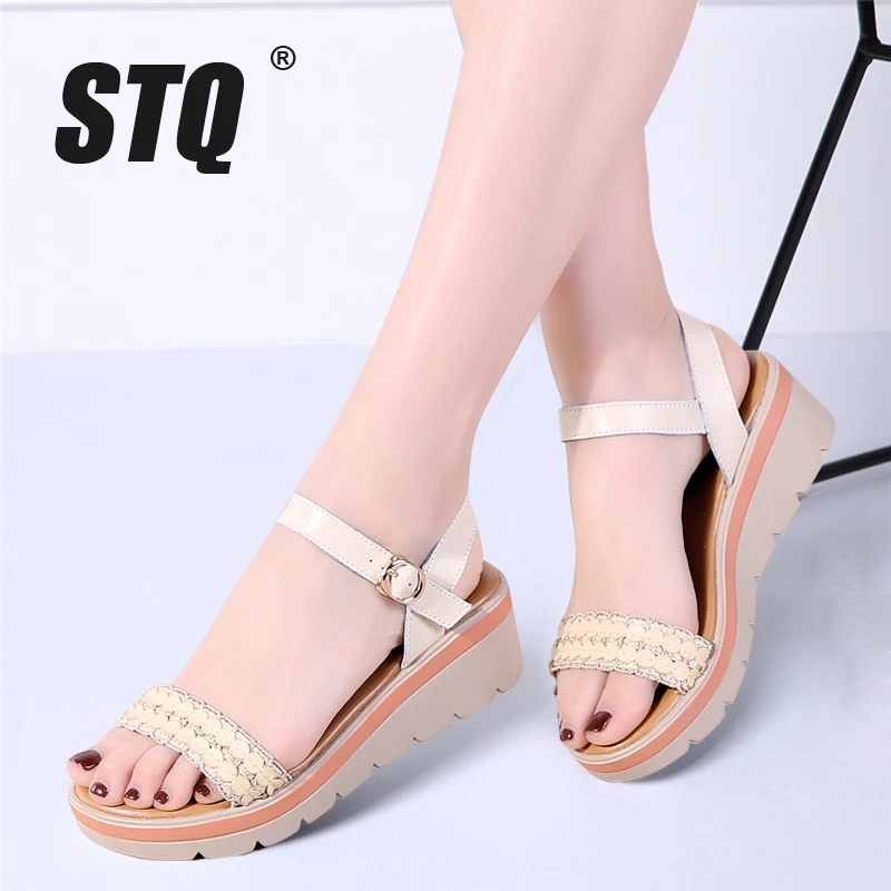 

STQ 2019 Women sandals summer leather thick heel wedge sandals Platform sandals ladies ankle strap flat sandals shoes 8116
