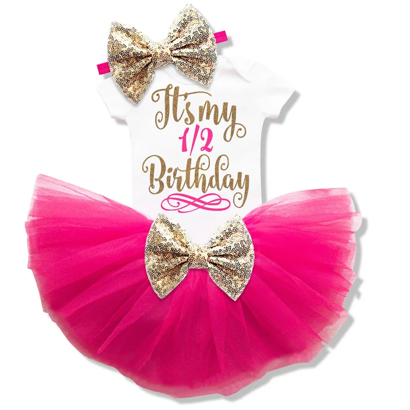 Одежда для новорожденных девочек на 1 день рождения комплекты одежды для младенцев детский комбинезон на один год+ вычурная юбка+ повязка на голову комплекты подарков для младенцев - Цвет: Rose 6m