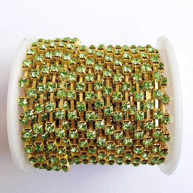

Crystal Rhinestnes Strass Chain 10 yards/roll Peridot SS6 to SS38 Gold Base DIY Wedding Dress Accessories Rhinestone Chain