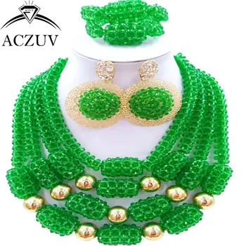 

ACZUV Latest Green African Wedding Beads Necklace and Earrings Bracelet Nigerian Jewelry Set for Women D4R023