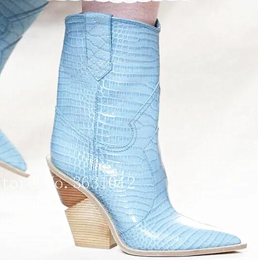 As Mi mollet Cuir 42 Chunky Western Piste Pic Bleu as En Véritable Femmes Talons Point Taille Cowboy Grande Pic Rose Bootas Toe Bottes Chaussures Cales ZwulOkiPXT