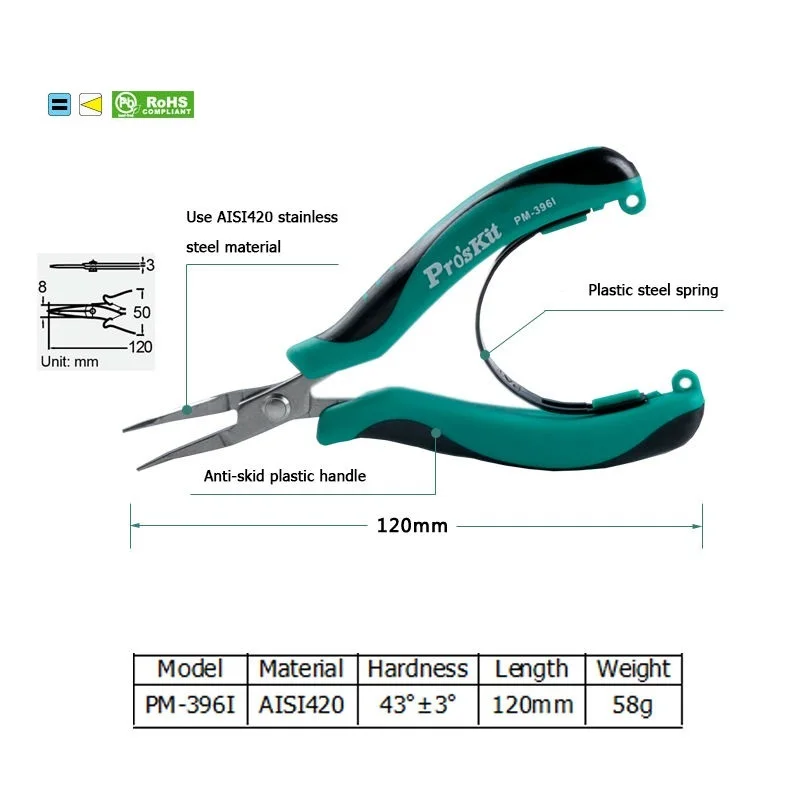 Pro'sKit PM-396I AISI420 Нержавеющая сталь изогнутые плоскогубцы для носоупоров накруткой щипцы для изготовления бижутерии ручка инструмента